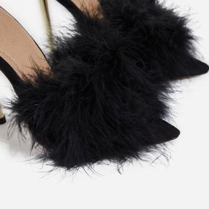 Sexy Black Feather Pointed Toe Mules Heels